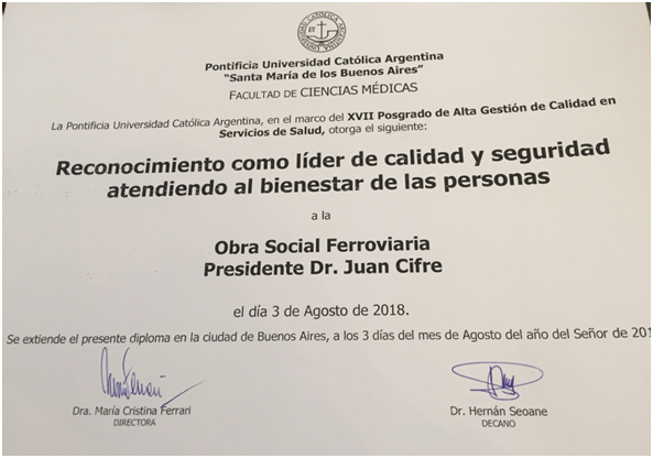 Osfe fue reconocida como “líder de calidad y seguridad de las personas”