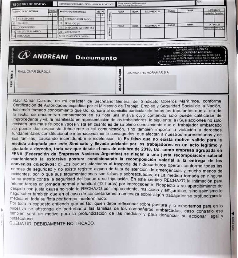 La respuesta vía telegrama que brindó el sindicato