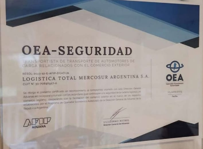 Una empresa logró transformarse en la primera de transporte internacional de nuestro país que recibe la certificación de Operador Económico Autorizado de Aduanas